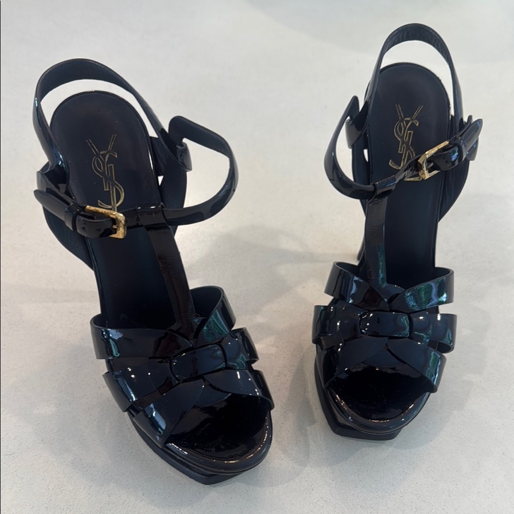 Saint Laurent Black Patent Leather Platform T-Strap Tribute Sandals